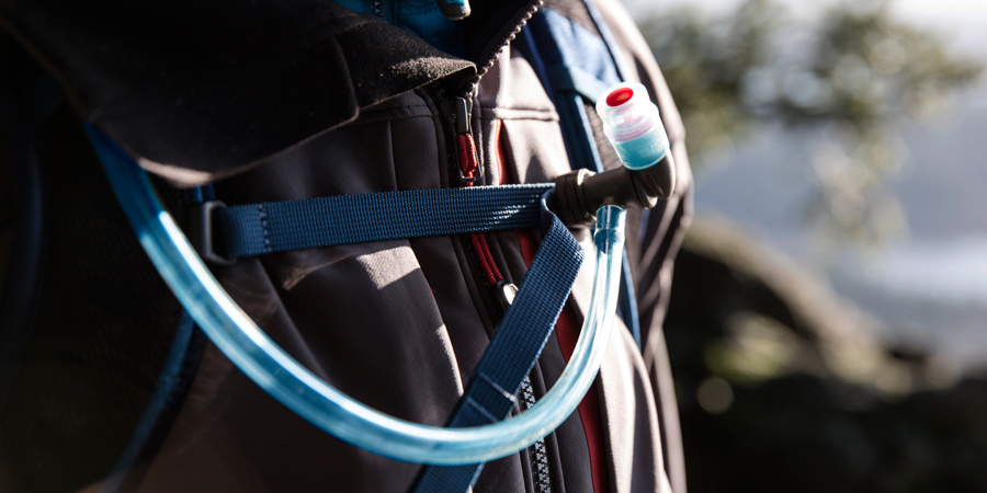 detail of the hose and mouthpiece on a hydration pack