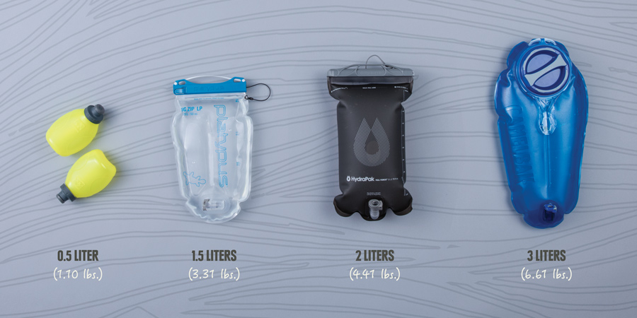 an assortment of hydration reservoir sizes and how much the water weighs
