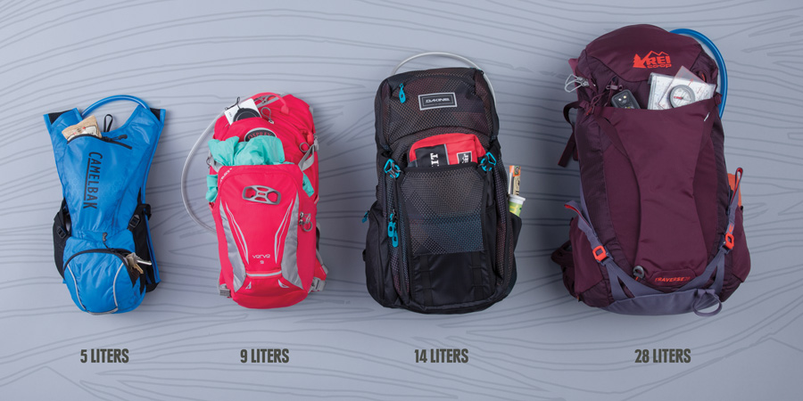 an assortment of hydration packs with various gear capacity ratings