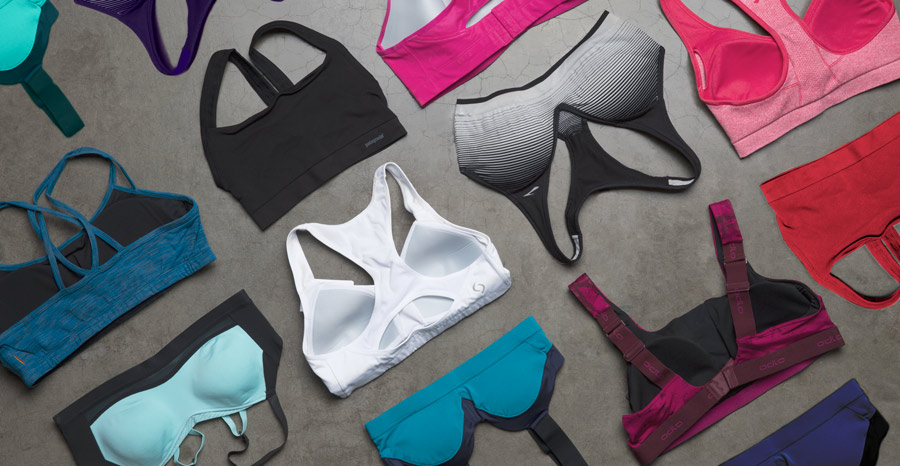 an assortment of sports bras in various shapes, sizes, colors, and levels of support
