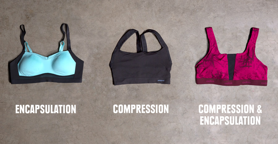 assortment of sports bras illustrating encapsulation, compression, and combination encapsulation/compression constructions