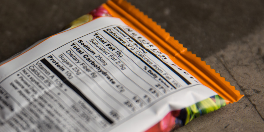 detail of the nutrition label on an energy bar