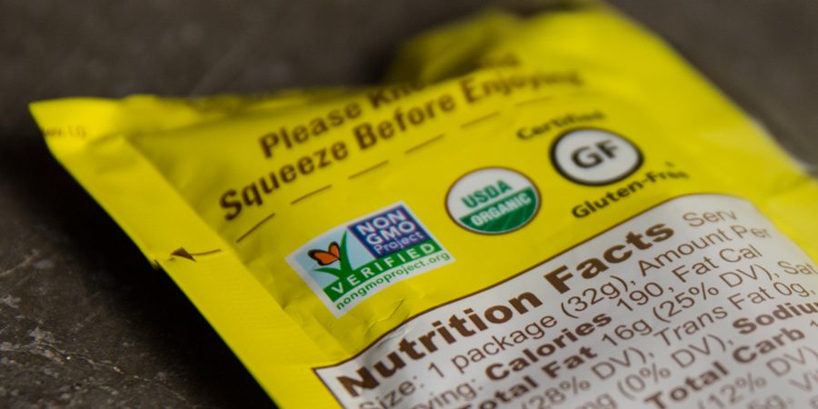 detail of energy food features, including organic, non-gmo, and gluten free