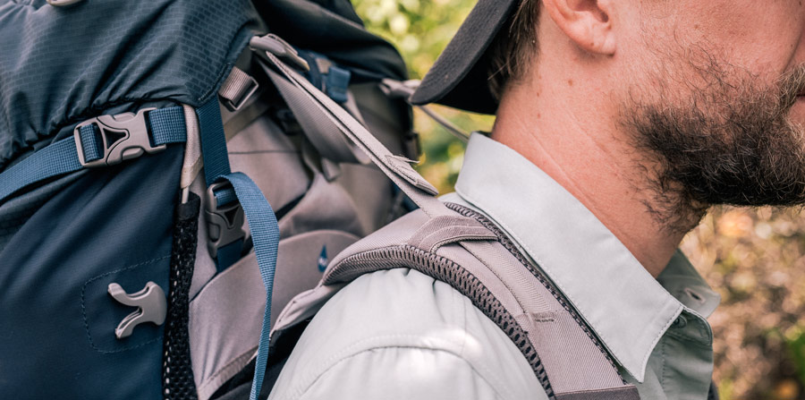 detail of the load lifter straps on a backpack