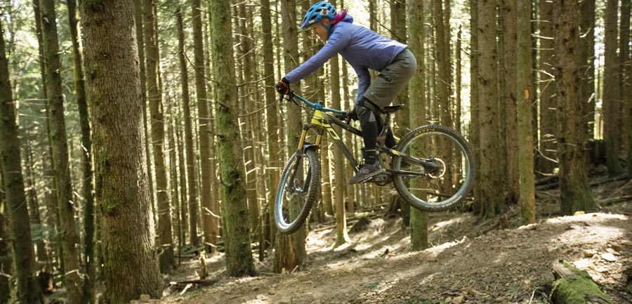 Mountain biker jumping bike on trail