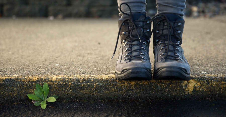 closeup of a hiker's boots standing on a curb