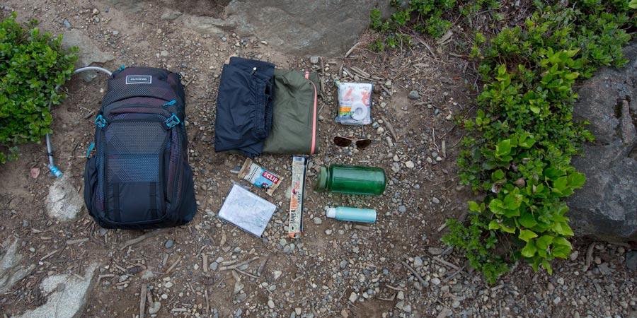an assortment of gear that you could pack into a daypack with capacity between 11-20 liters